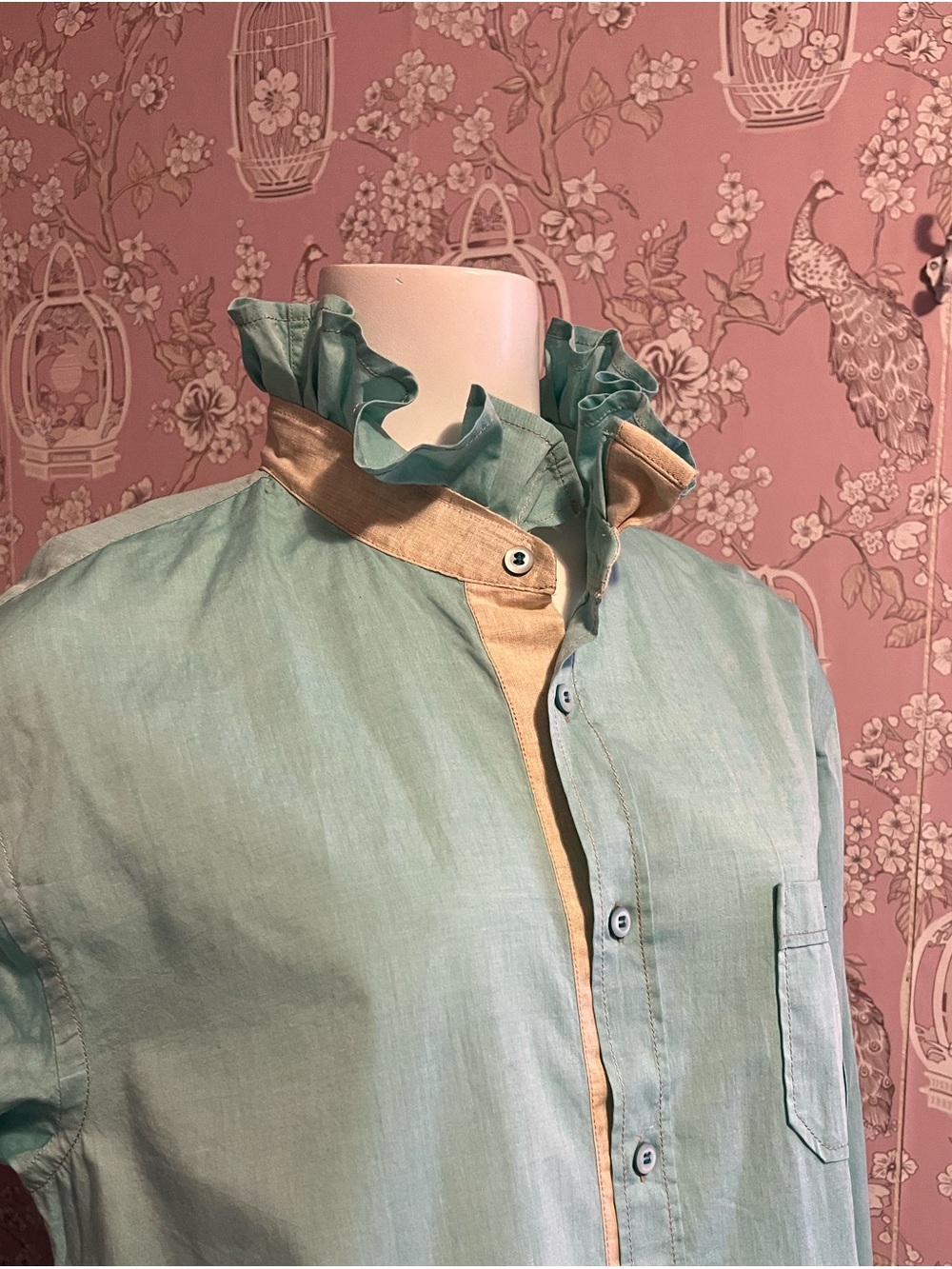 BOSS ORANGE upcycled light green & cream ruffle collar shirt